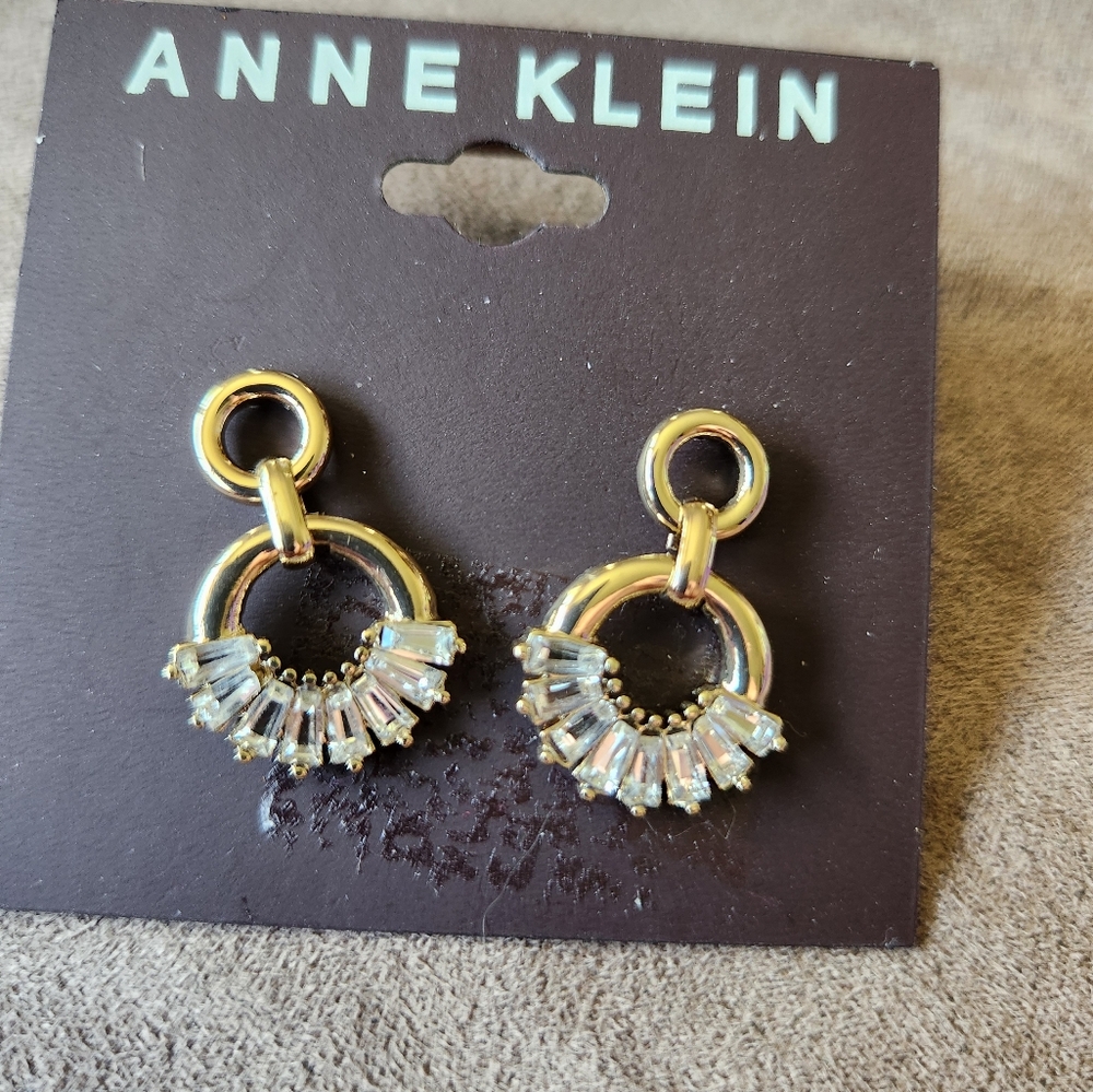 Anne Klein Dangle Hoops Clear Stones NWT